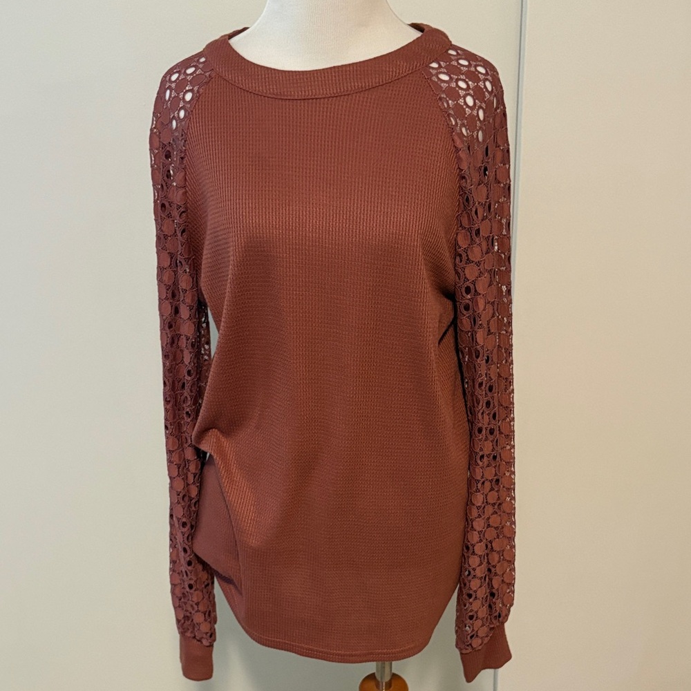 Elegant Lace Sleeve Women's Sweatshirt - Brown